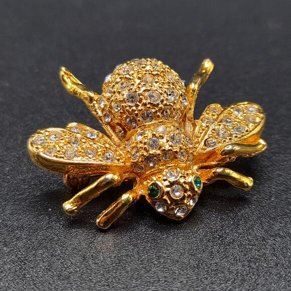 Vintage Jewelry - Vintage Rhinestone Bee Brooch, Gold Tone, Green Clear Rhinestones